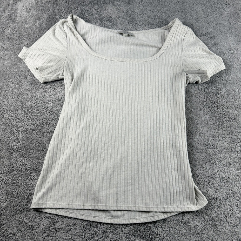 Loft Ribbed Knit Scoop Neck Tee Shirt Womens Medium Off White Short Sleeve